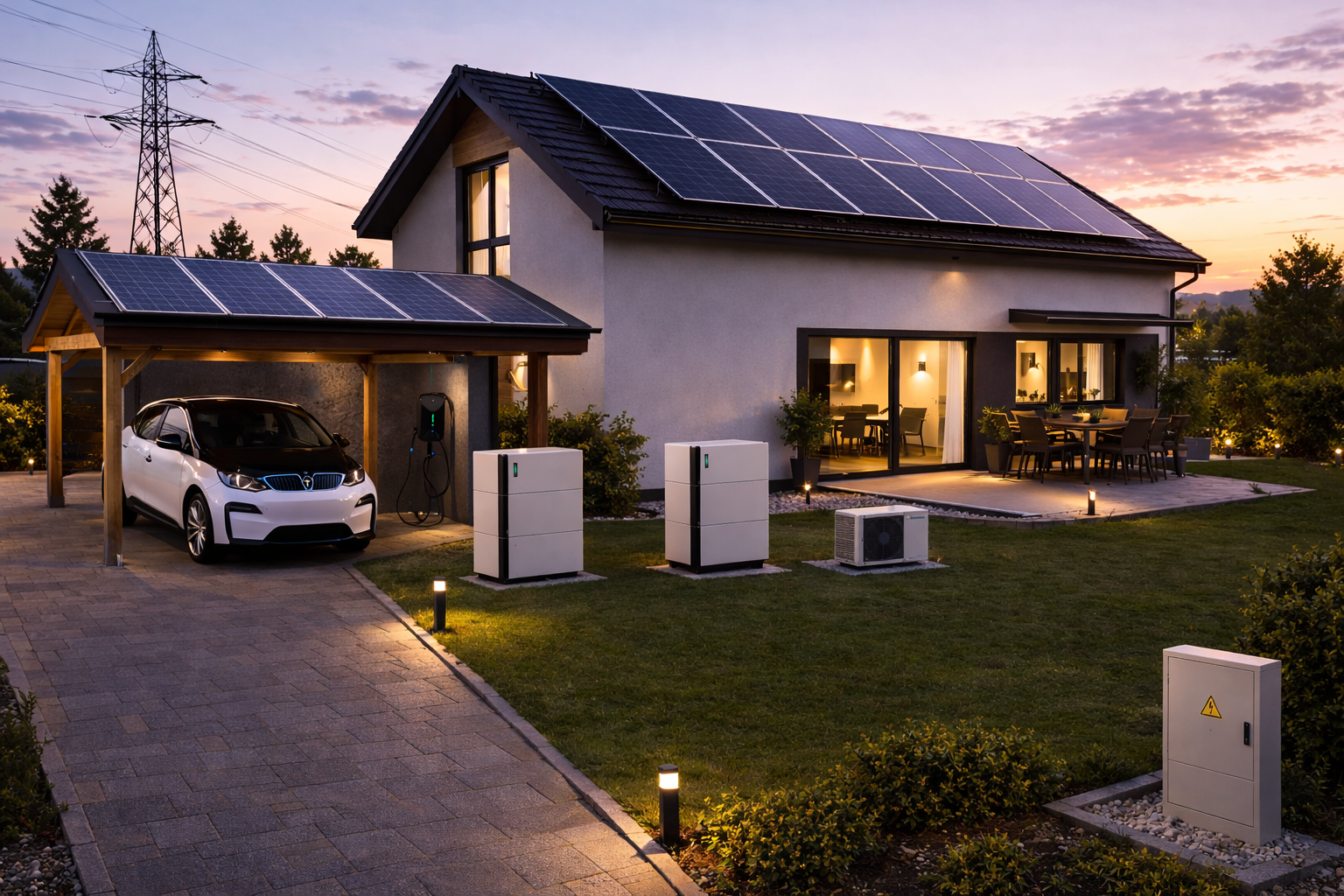 SOCKE Hausansicht mit PV, Speicher, Wallbox und Netz
